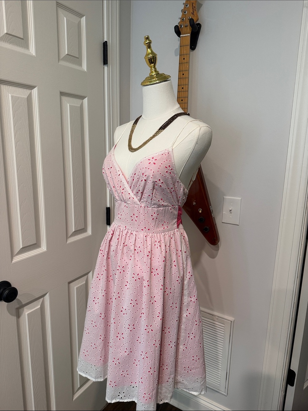 Fire Los Angeles Pink Eyelet Midi Dress with V-Neck